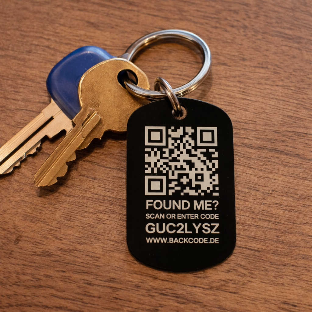 Schwarzer QR-Code Schlüsselanhänger aus Aluminium